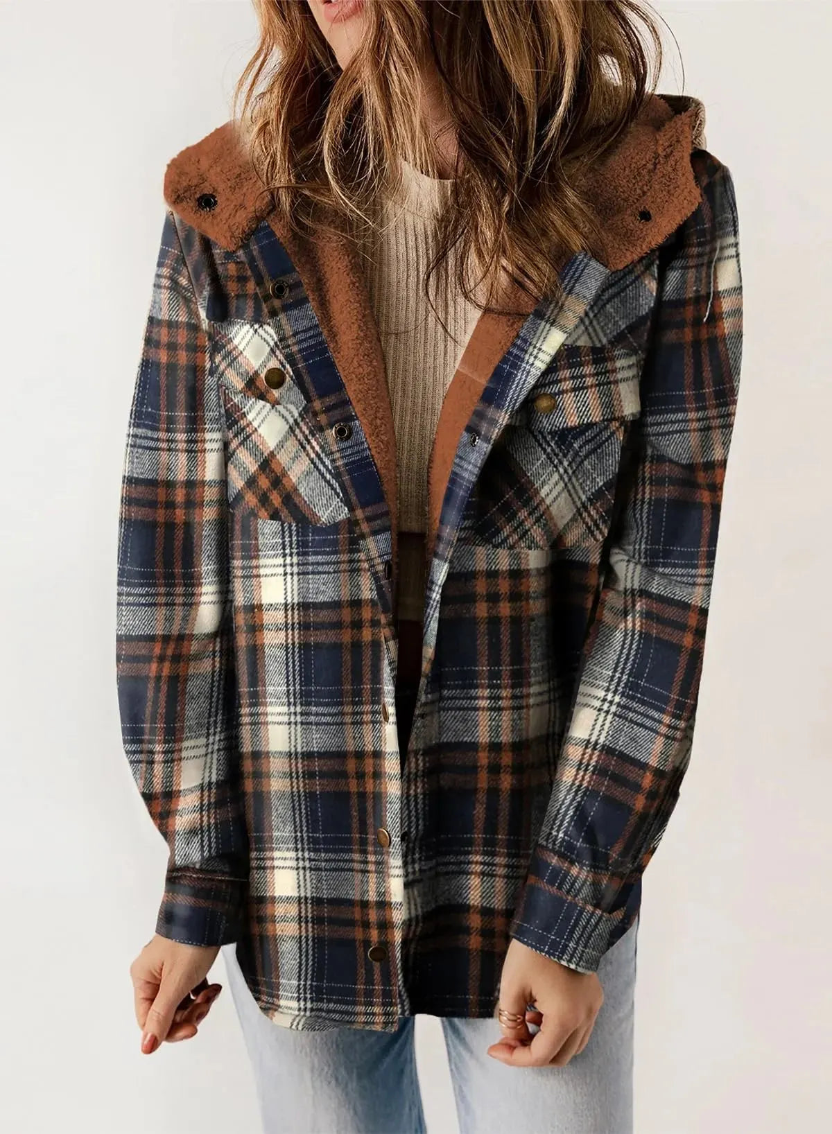 ⏰HOT SALE-WOMEN'S THICKENED FLANNEL LONG SLEEVE PLAID JACKET COAT WITH HOOD