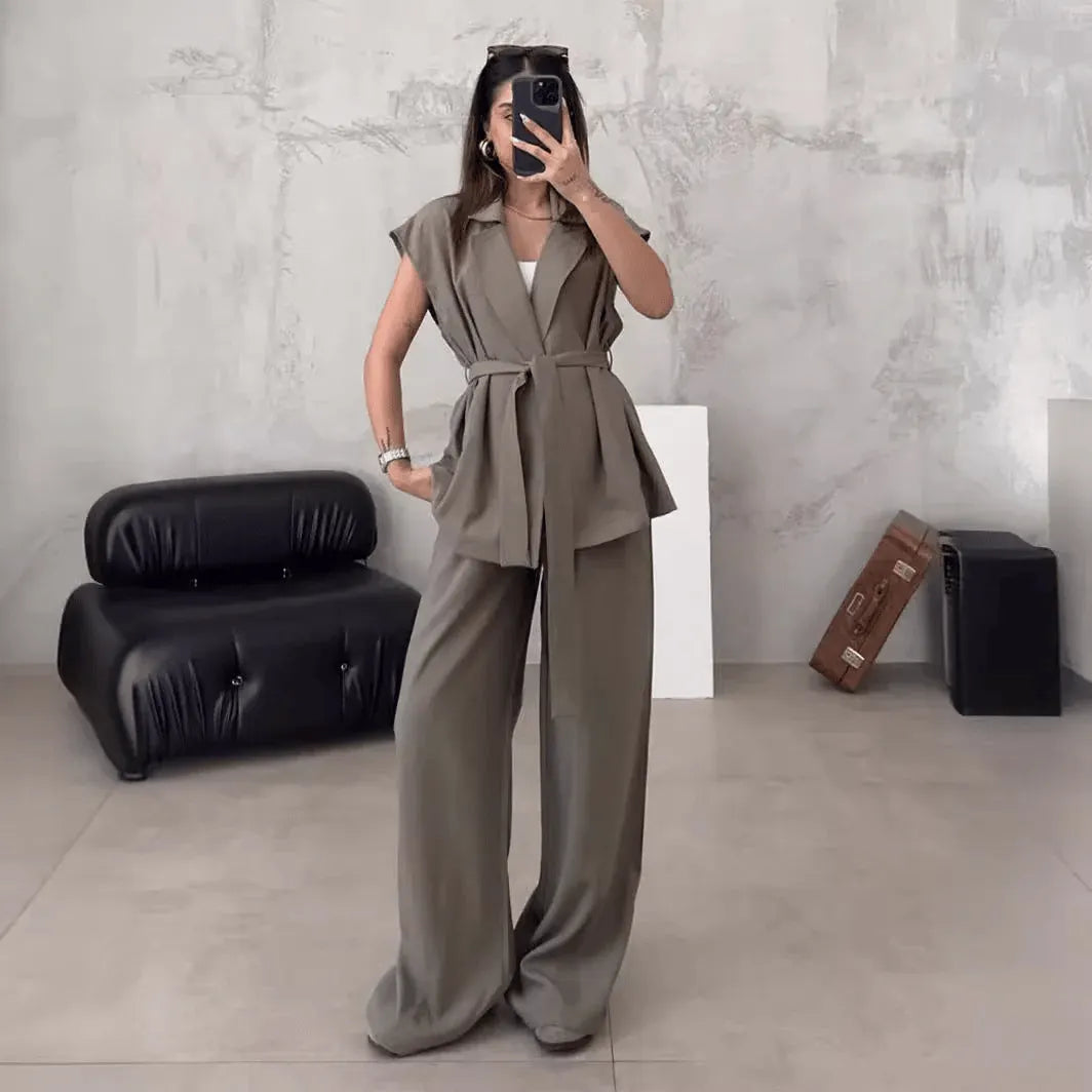 Women's Sleeveless Lapel Top High Waisted Pants 2-Piece Set