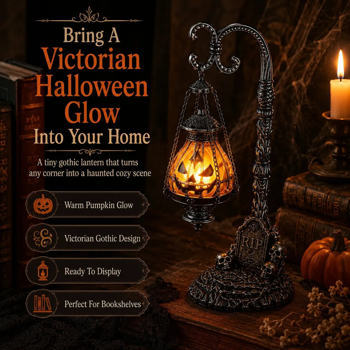 🔥HOT SALE🔥🎃 Gothic Pumpkin Lantern Stand | Warm Orange LED Glow, Victorian Skull Details & Haunted Shelf Decor 🕯️