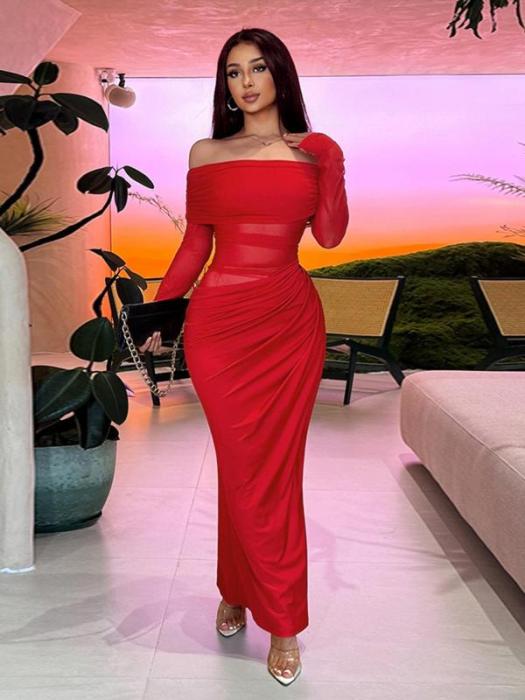 Women's Plain Off Shoulder Ruched Sheer Mesh Dress
