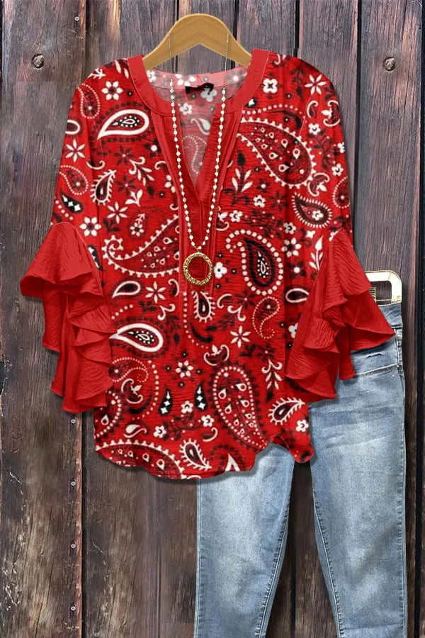 Floral Print Ruffle Bell Sleeve Top