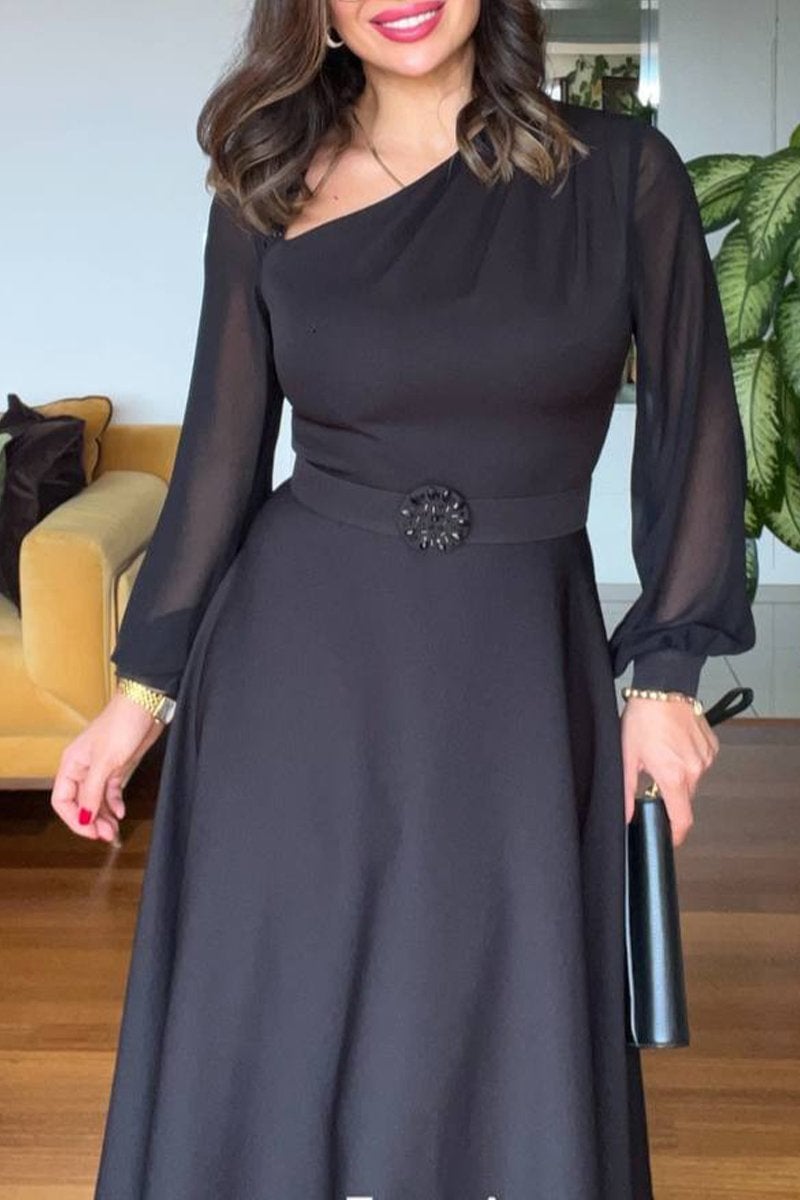 Women's Long-sleeved Sequined Chiffon Stitching Elegant Dress
