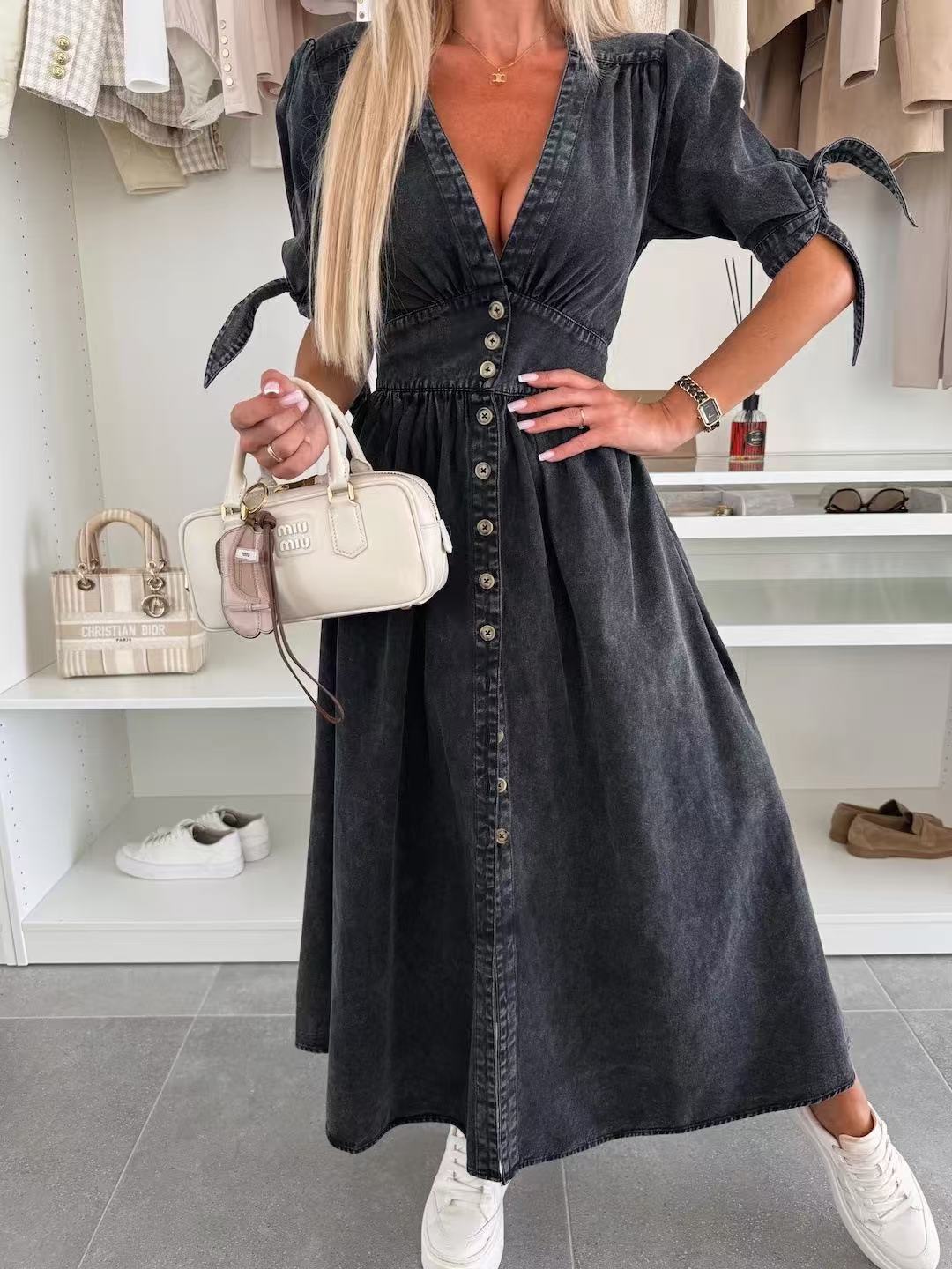 Women's V-Neck Button Down Denim Dress