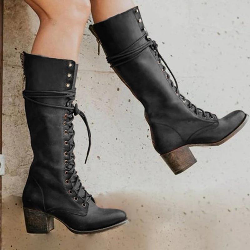 Women Round Toe Chunky Platform Medium Heel Long Lace Up Boots