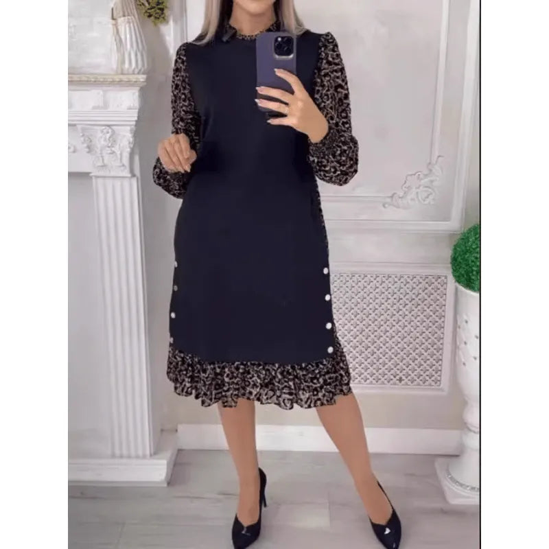 ✨Leopard Color Blocking Mock Neck Knee length dress