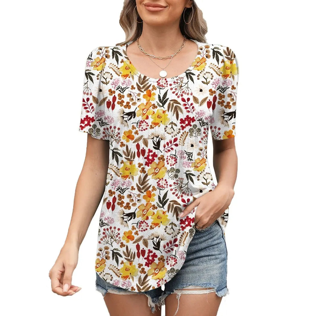 Summer Loose Pleated Round Neck Short Sleeve T-Shirt