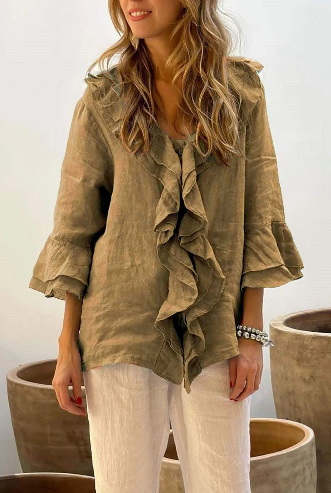 Hot Sale🔥Women Summer Ruffle Design Casual Linen Cotton Shirt
