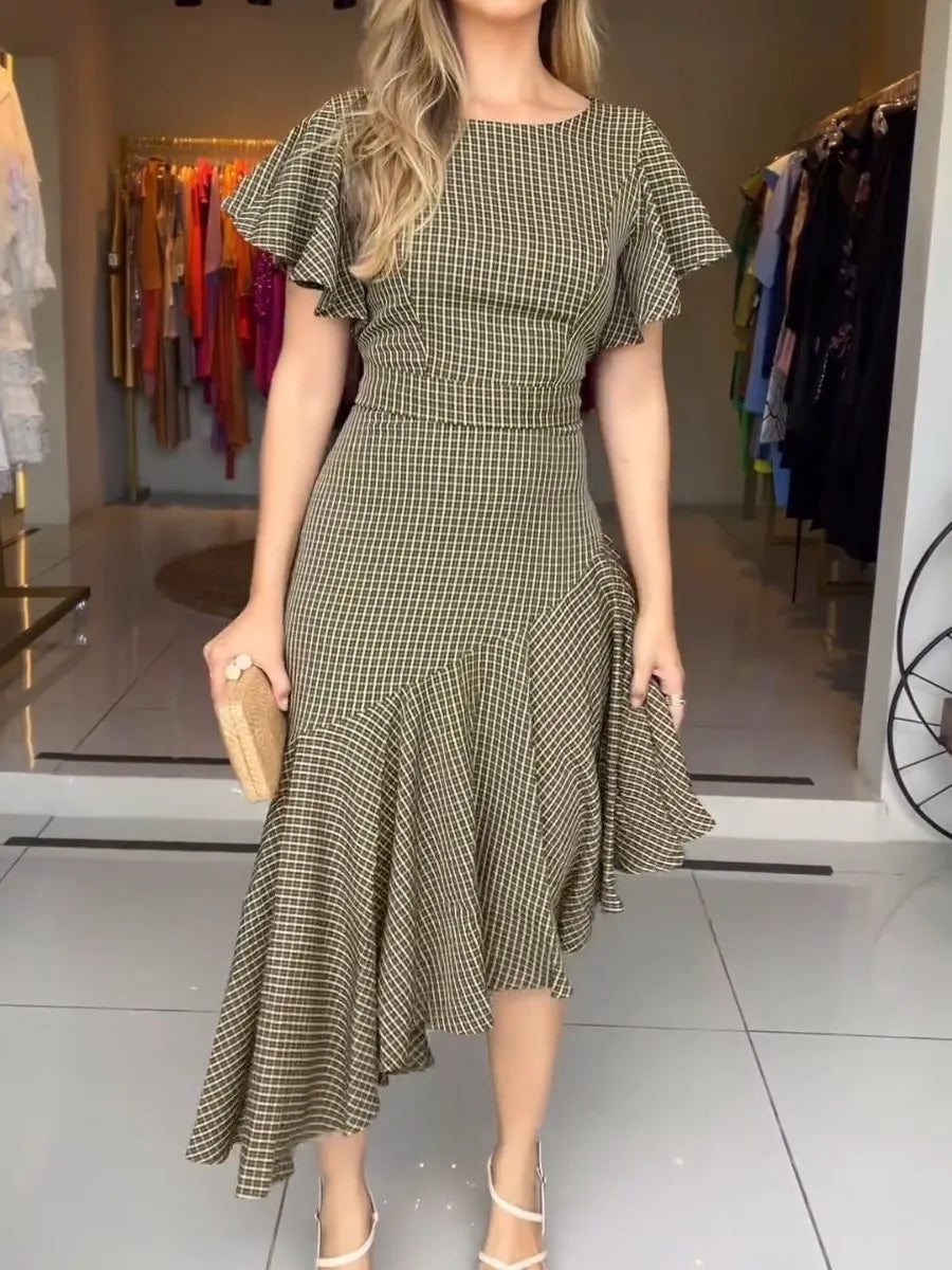 Women’s Round Neck Plaid Irregular Ruffle Dress