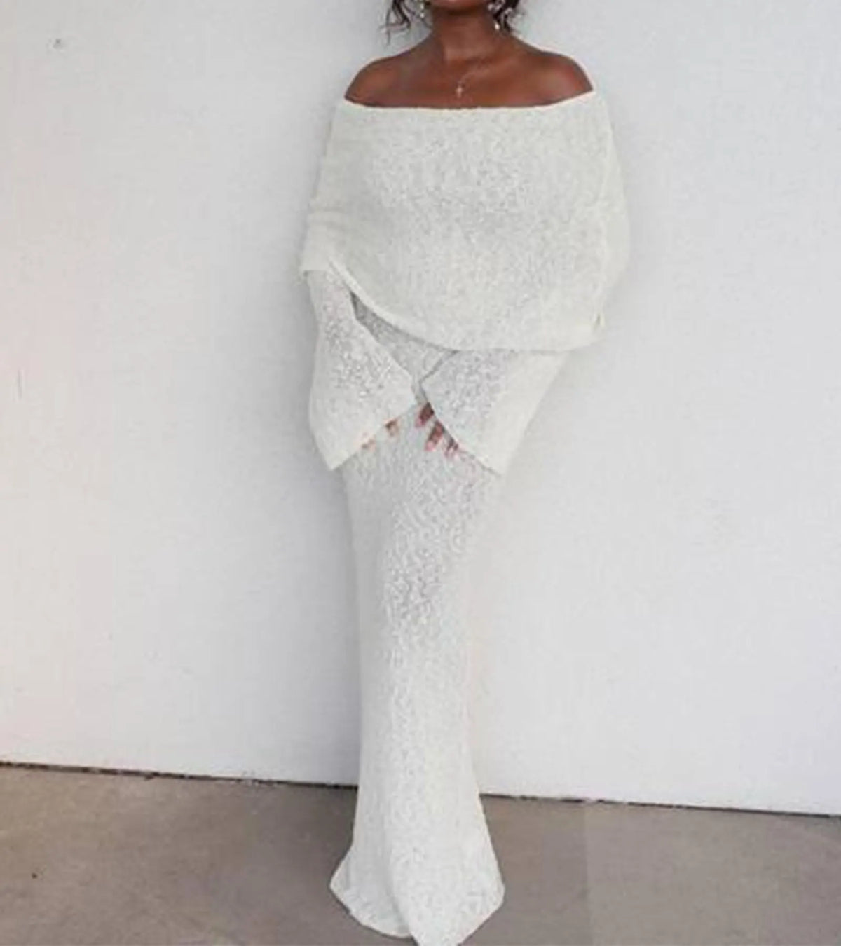 Off Shoulder Stretchy Mesh Knit Maxi Dress