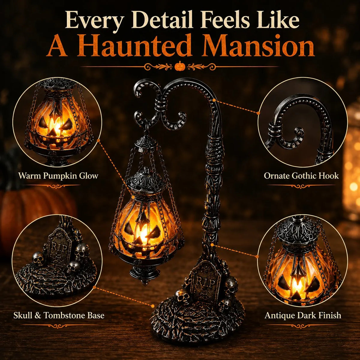 🔥HOT SALE🔥🎃 Gothic Pumpkin Lantern Stand | Warm Orange LED Glow, Victorian Skull Details & Haunted Shelf Decor 🕯️
