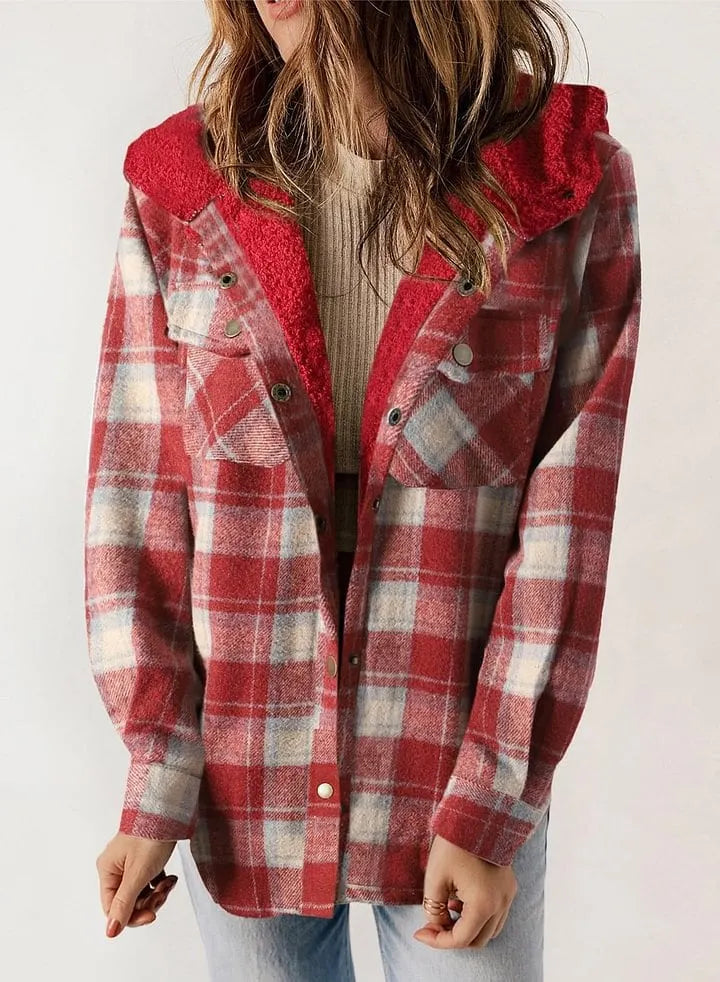 ⏰HOT SALE-WOMEN'S THICKENED FLANNEL LONG SLEEVE PLAID JACKET COAT WITH HOOD