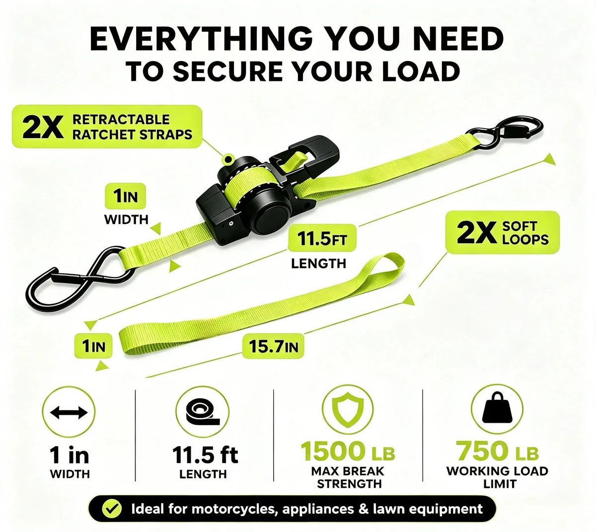 🔥HOT SALE🔥⚡Green Ratchet Straps 11.5ft – 1500LB Hold for Moves & More