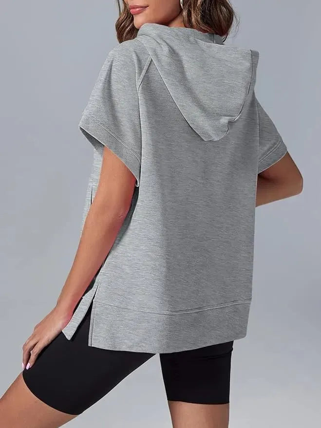 Oversized Casual Half Zip Short Sleeve Pullover Tops with Pockets (Buy 2 Free Shipping)