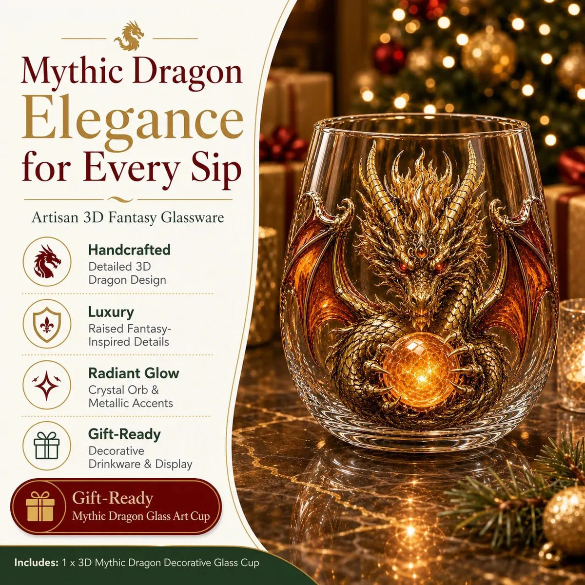 🐉✨ 3D Mythic Dragon Glass Art Cup | 12oz Premium Clear Glass with Raised Dragon Relief, Metallic-Style Details & Faceted Crystal-Style Orb 🎁