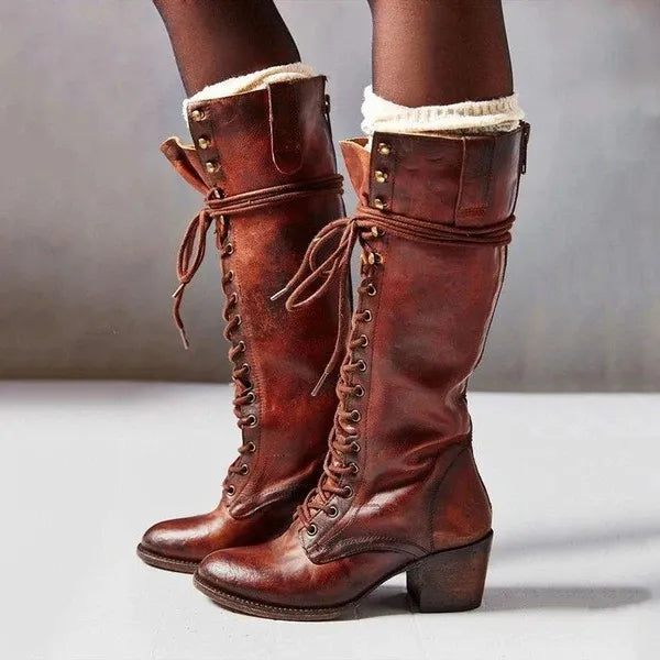 Women Round Toe Chunky Platform Medium Heel Long Lace Up Boots