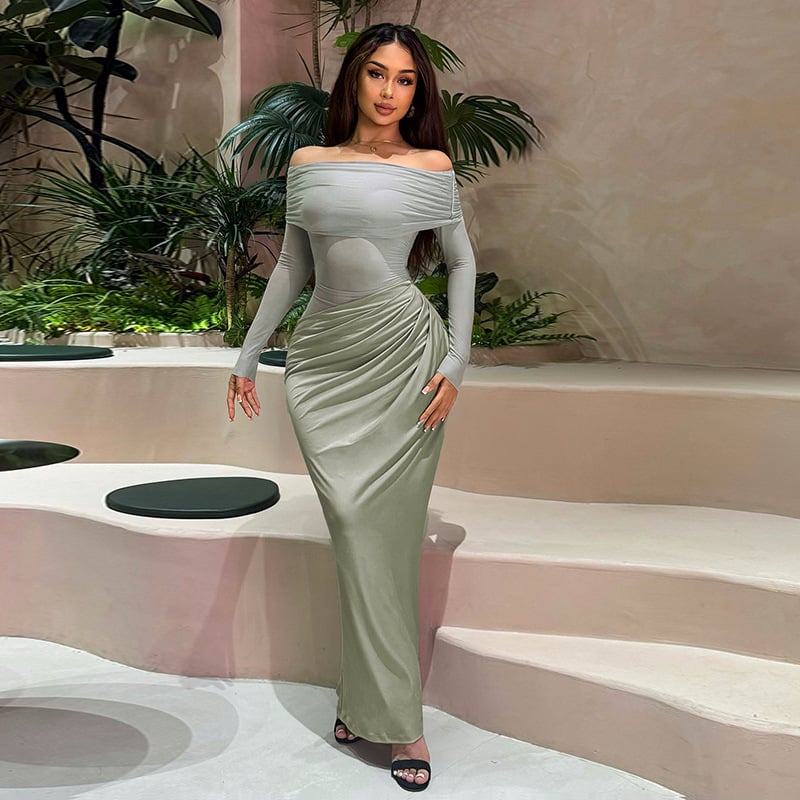 Women's Plain Off Shoulder Ruched Sheer Mesh Dress