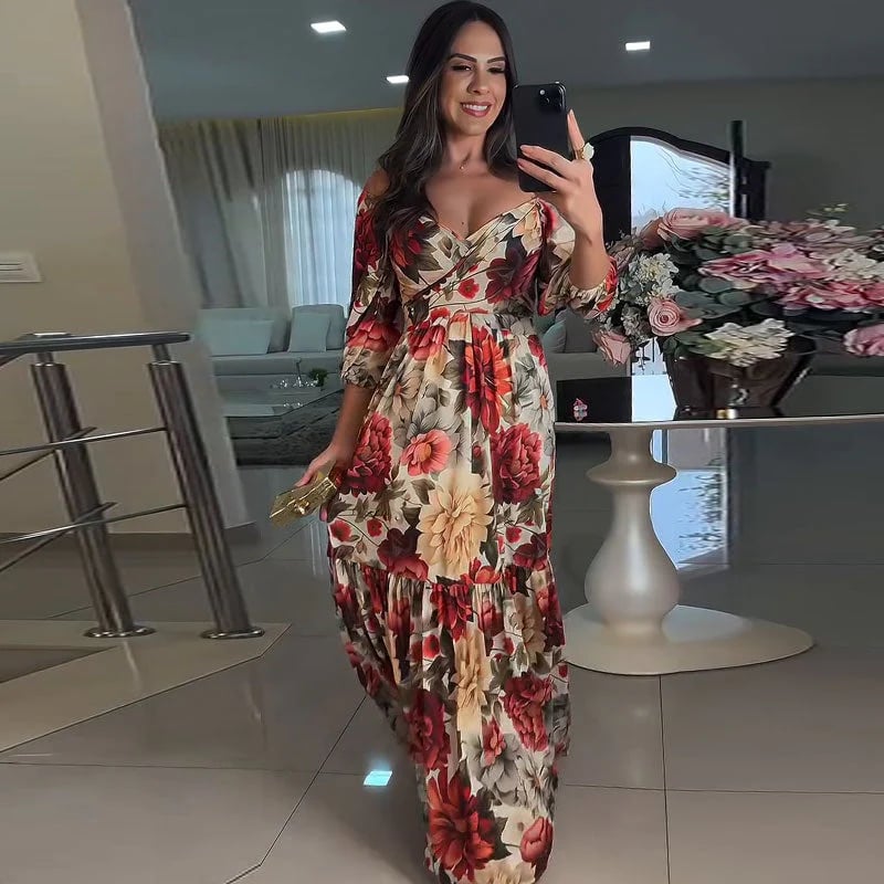 Women's V-Neck Floral Printed Pleated Dress 🌹