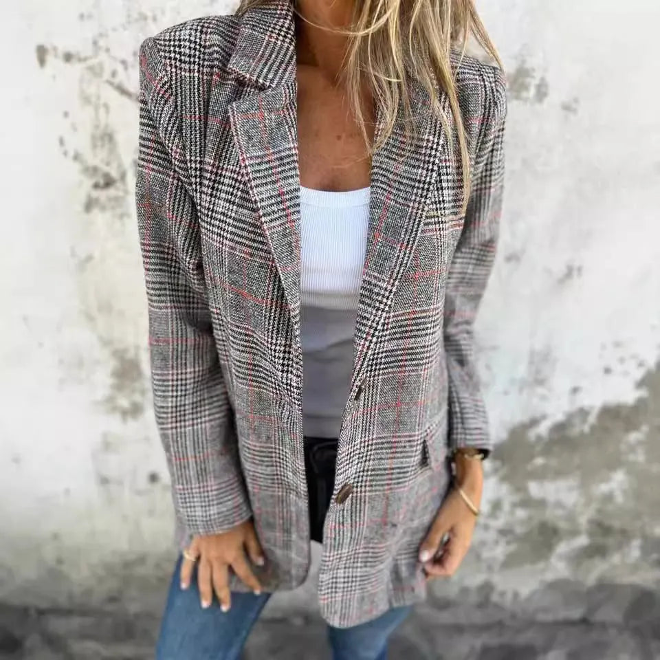 Stylish Retro Houndstooth Lapel Casual Blazer
