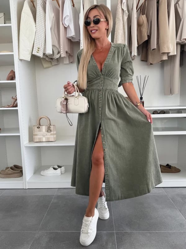 V-Neck Short Sleeve Loose Denim Long Button-Up Dress