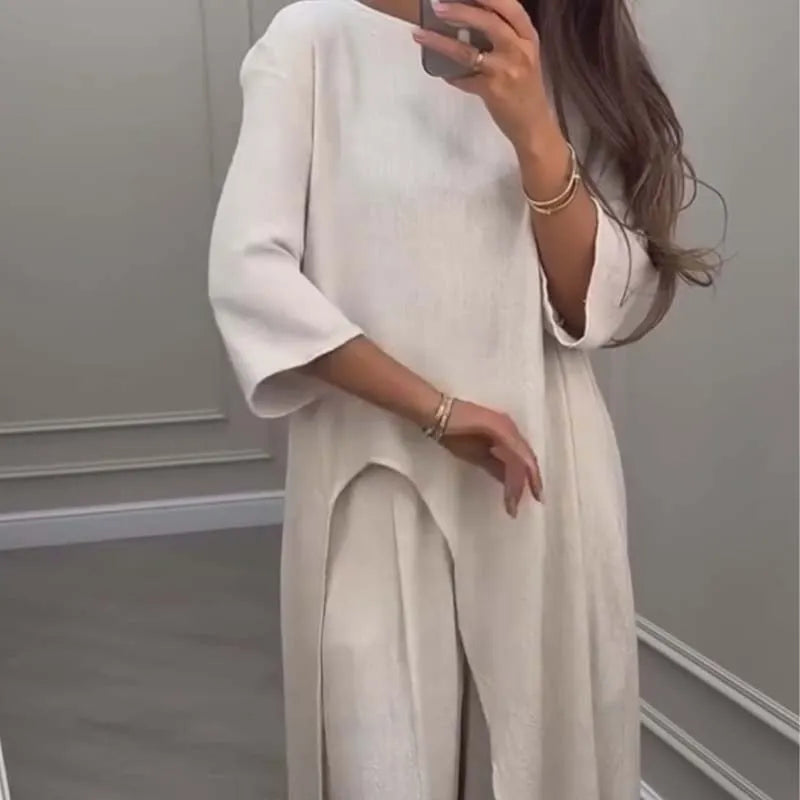 💃Limited Sale 49% OFF💕Solid Color Asymmetrical Top & Wide-Leg Pants 2-Piece Set