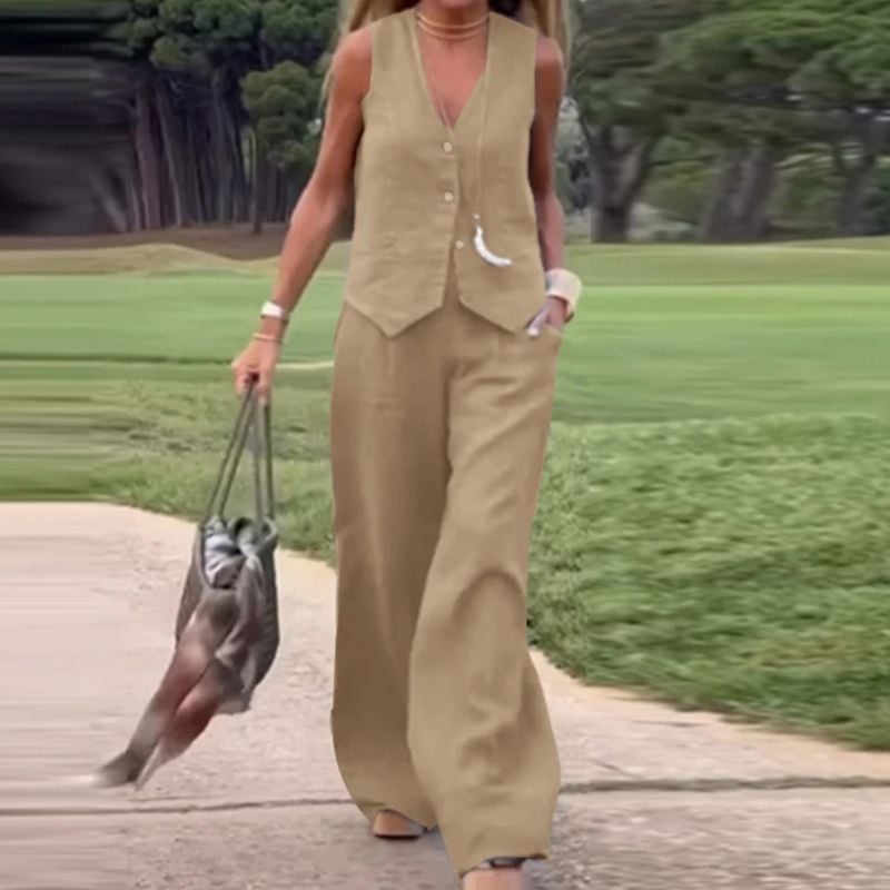 💕Button Down Vest and Wide Leg Pants 2 Piece Set (Buy 2 Sets Free Shipping)