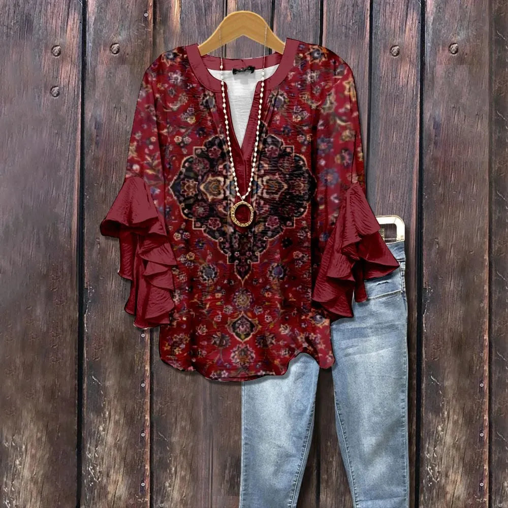 Floral Print Ruffle Bell Sleeve Top