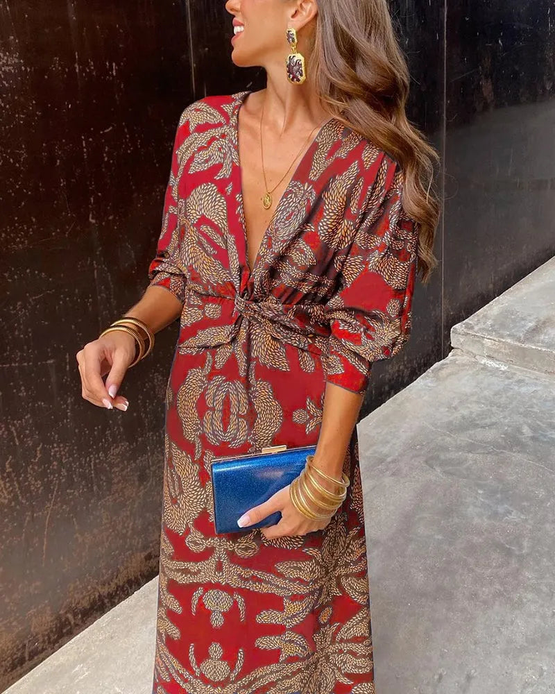 Vintage Long Sleeve Dress with V-Neck