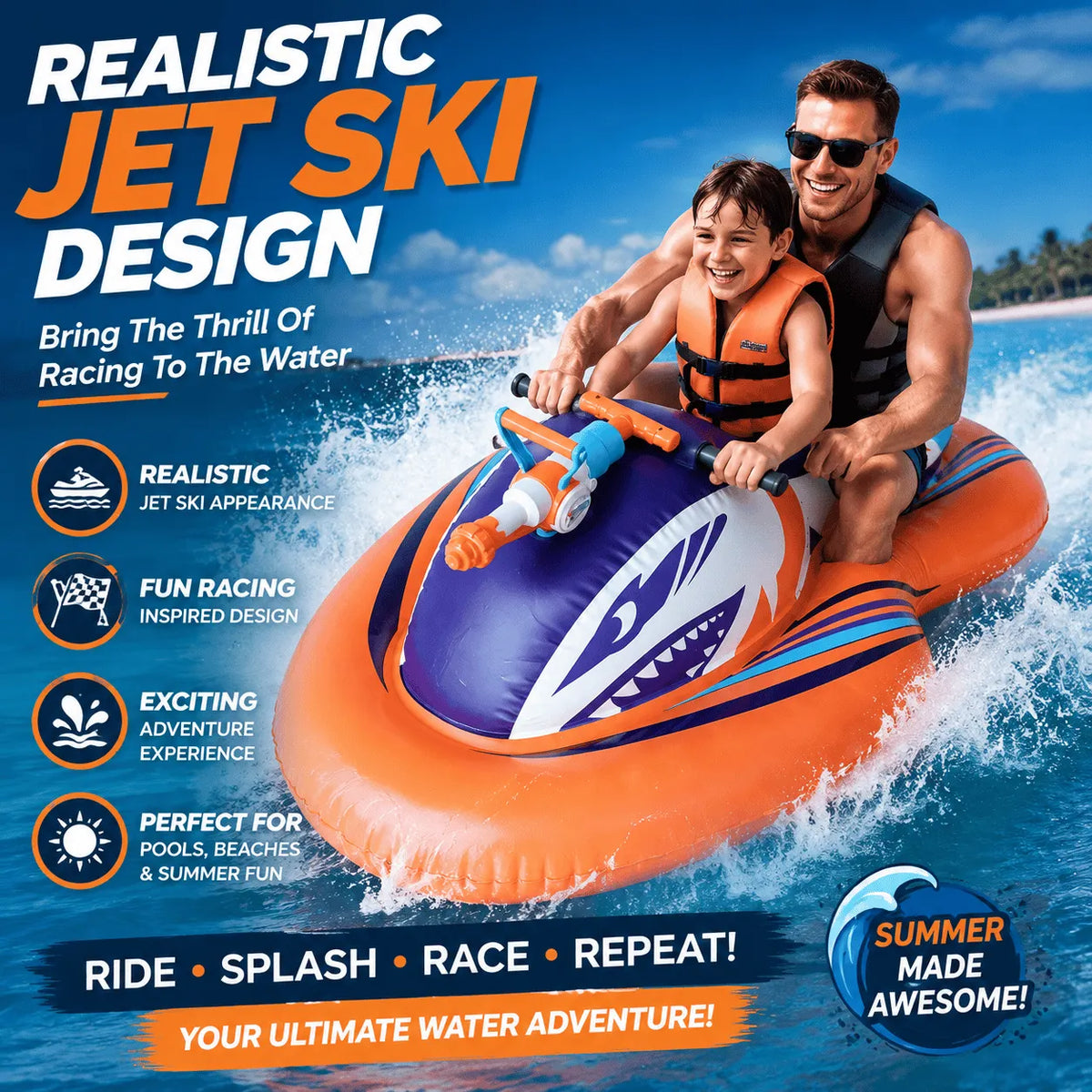 🎉🏆2026 Upgraded 49% OFF🌊 2-in-1 Shark Inflatable Jet Water Ski🚤 Built-in Water Gun