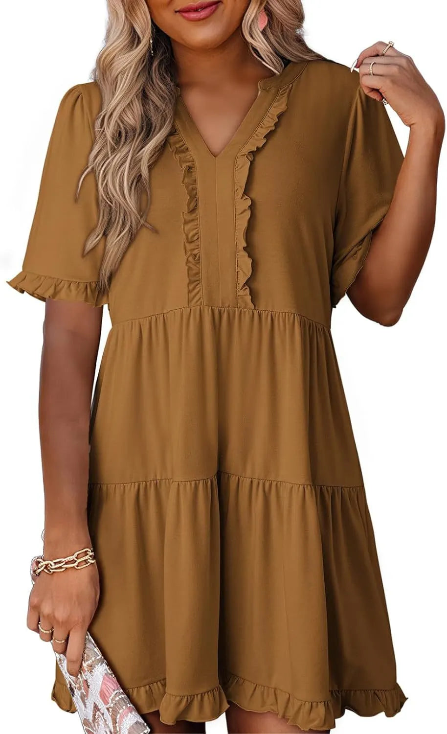 V Neck Short Sleeve Casual A Line Flowy Swing Shift Dress