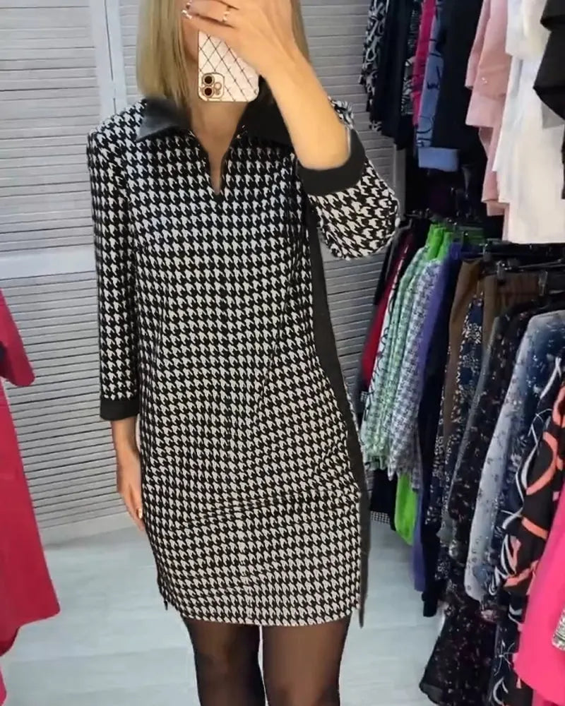 Lapel Pocket Checked Long Sleeve Dress