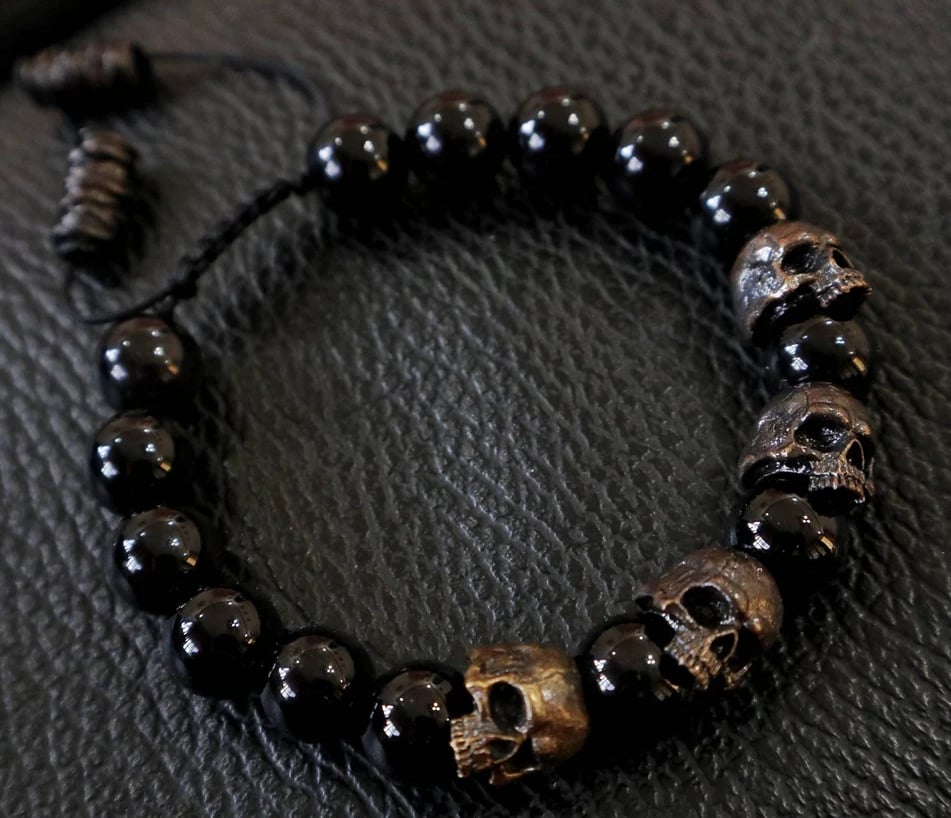 🔥 The Sterling silver Skull Army Onyx Bead  Bracelet