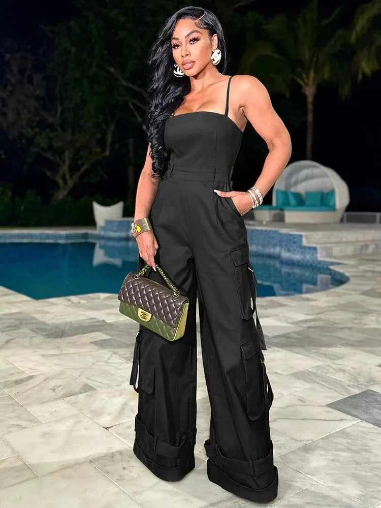 Strap Backless Multi Pocket Wide Leg Jumpsuit