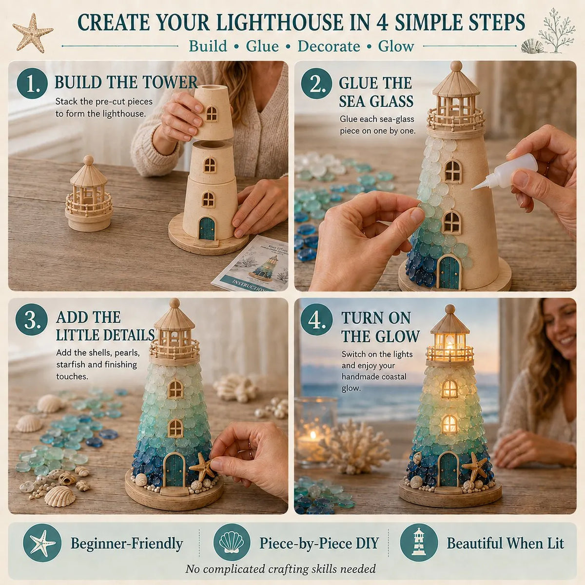 🔥 HOT SALE 🔥⏳ Last Day 49% OFF – 🌊 Beginner-Friendly DIY Lighted Sea Glass-Style Lighthouse Kit Collection | Complete Kit with Sea Glass-Style Pieces, LED Lights & Step-by-Step Guide Included 💕