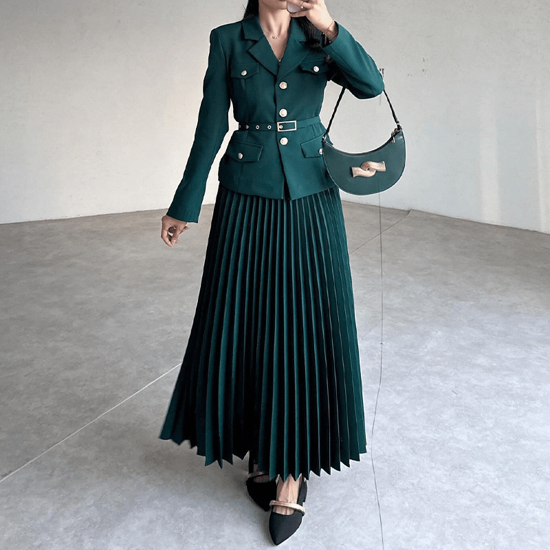 🔥Hot sale🔥Women's Blazer with Lapels and Maxi Pleated Skirt, 2-Piece Set with Matching Belt(🚛Free shipping)