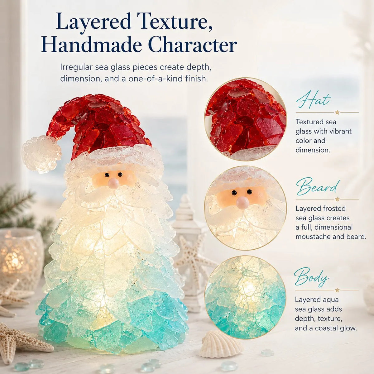 🎉🎅 Beginner-Friendly DIY Lighted Sea Glass Santa Christmas Decor Kit | Complete Kit with Sea Glass Pieces, Warm Fairy Lights & Step-by-Step Guide Included 💕