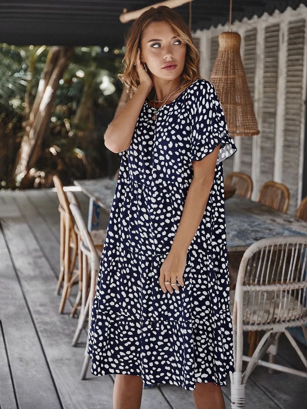 Round neck polka dot print midi dress