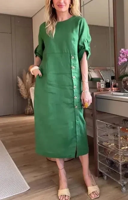 NEW🔥 Women's Solid Color Round Neck Split Mid-Length Casual Dress