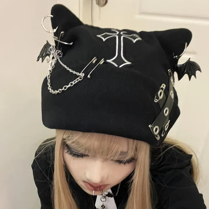 🔥Last Day 49% OFF - 🖤🦇Gothic Cat Ear Beanie with Punk Chain & Bat Charm