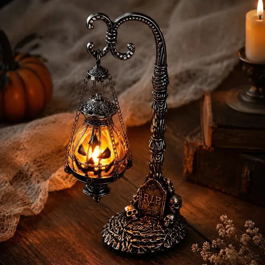 🔥HOT SALE🔥🎃 Gothic Pumpkin Lantern Stand | Warm Orange LED Glow, Victorian Skull Details & Haunted Shelf Decor 🕯️