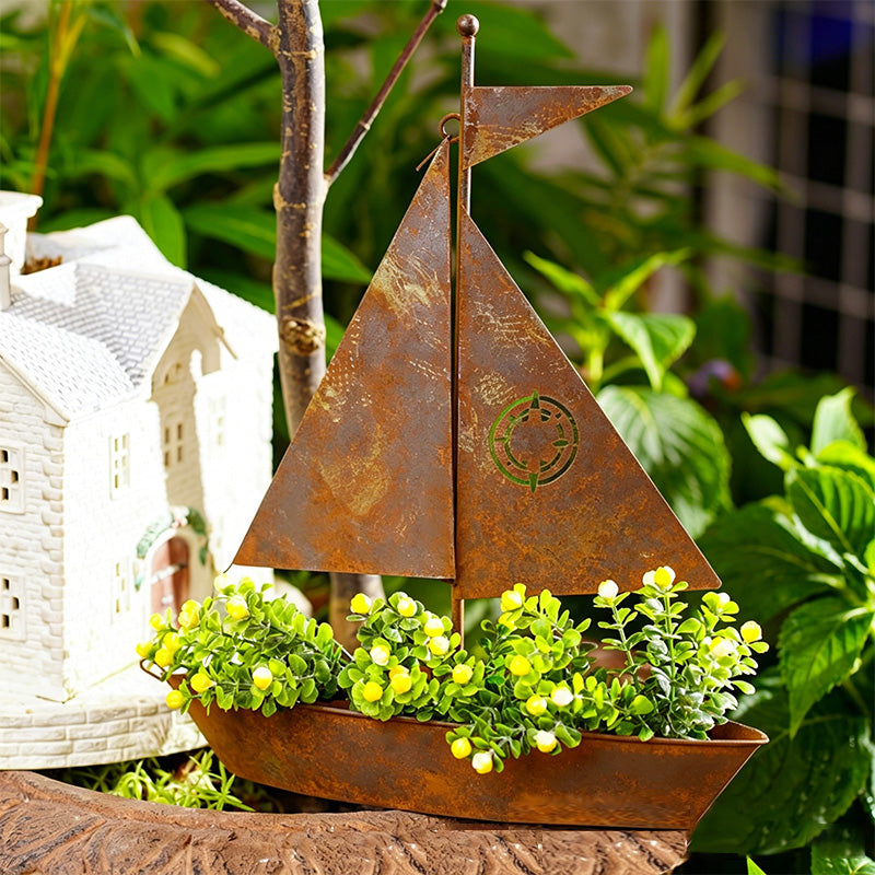 Rustic Sailboat Metal Planter – Handcrafted, weather-resistant & perfect for succulents, herbs or flowers – charming garden or shelf decor