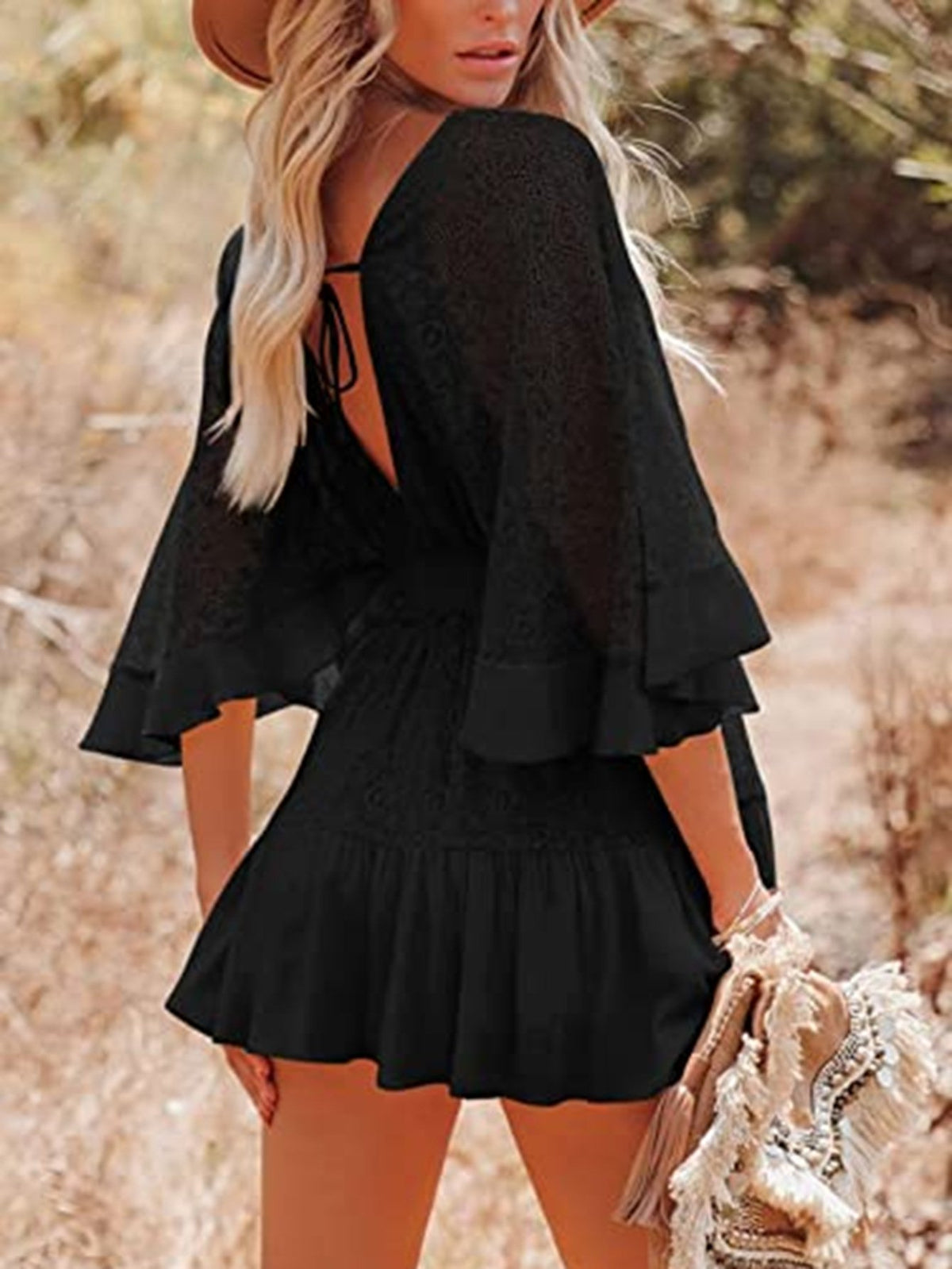 Lace Crochet Batwing Sleeve Mini Dress