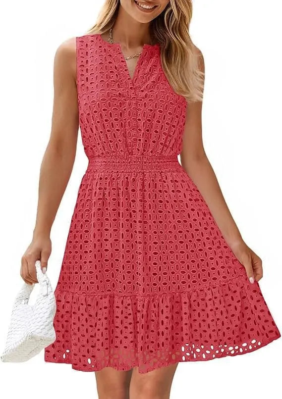Sleeveless Dress with V-Neck, Hollow Out Eyelet and High Waist