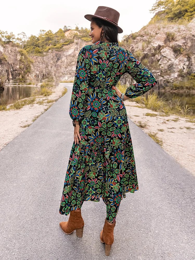 Floral Embroidered Notched Neck Maxi Dress