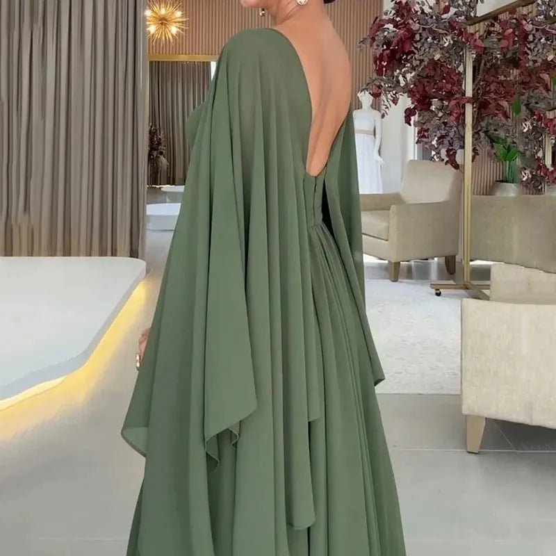 Green Bat Sleeve High Waist Slim Fit Flared Dress
