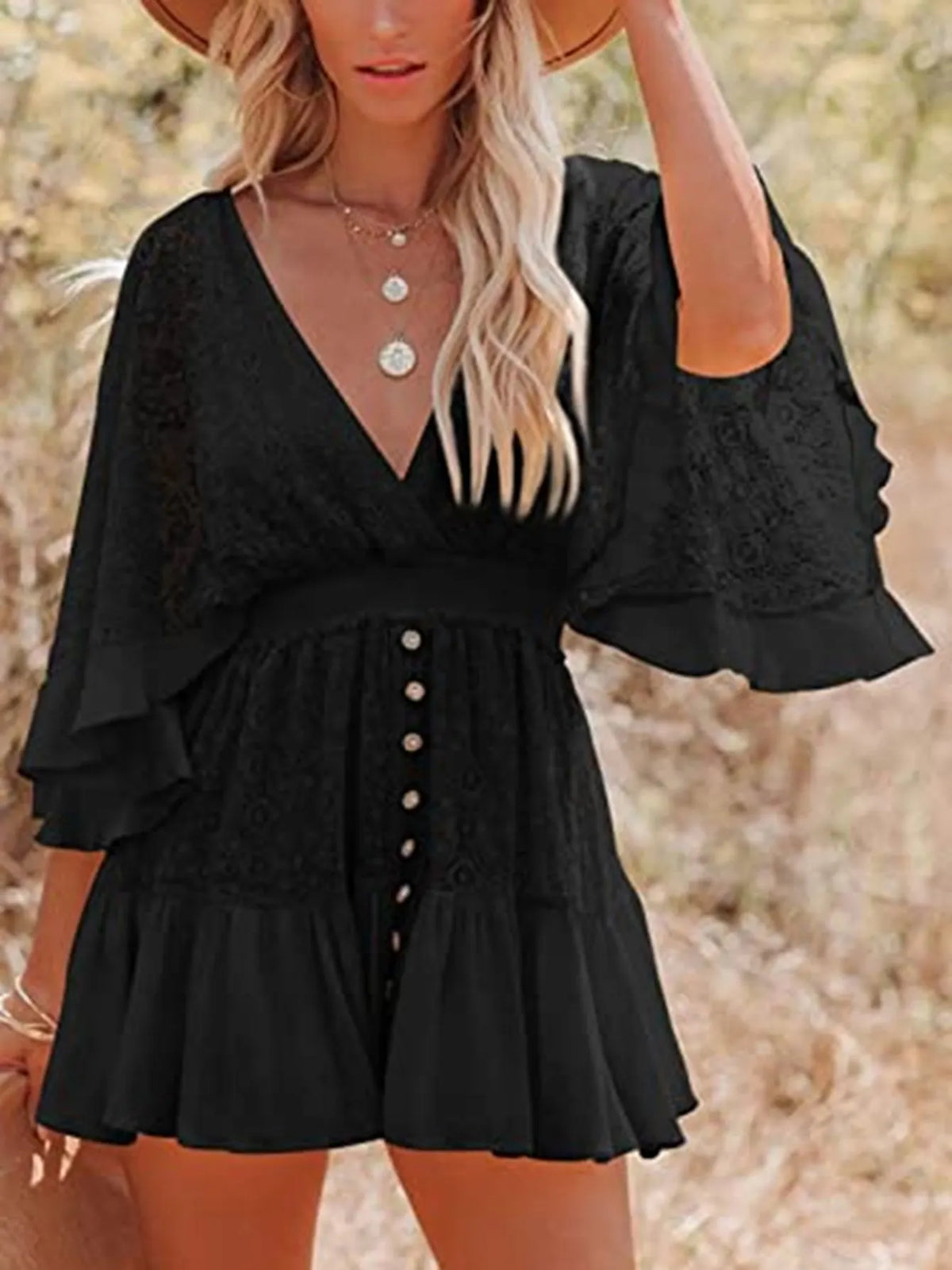 Lace Crochet Batwing Sleeve Mini Dress