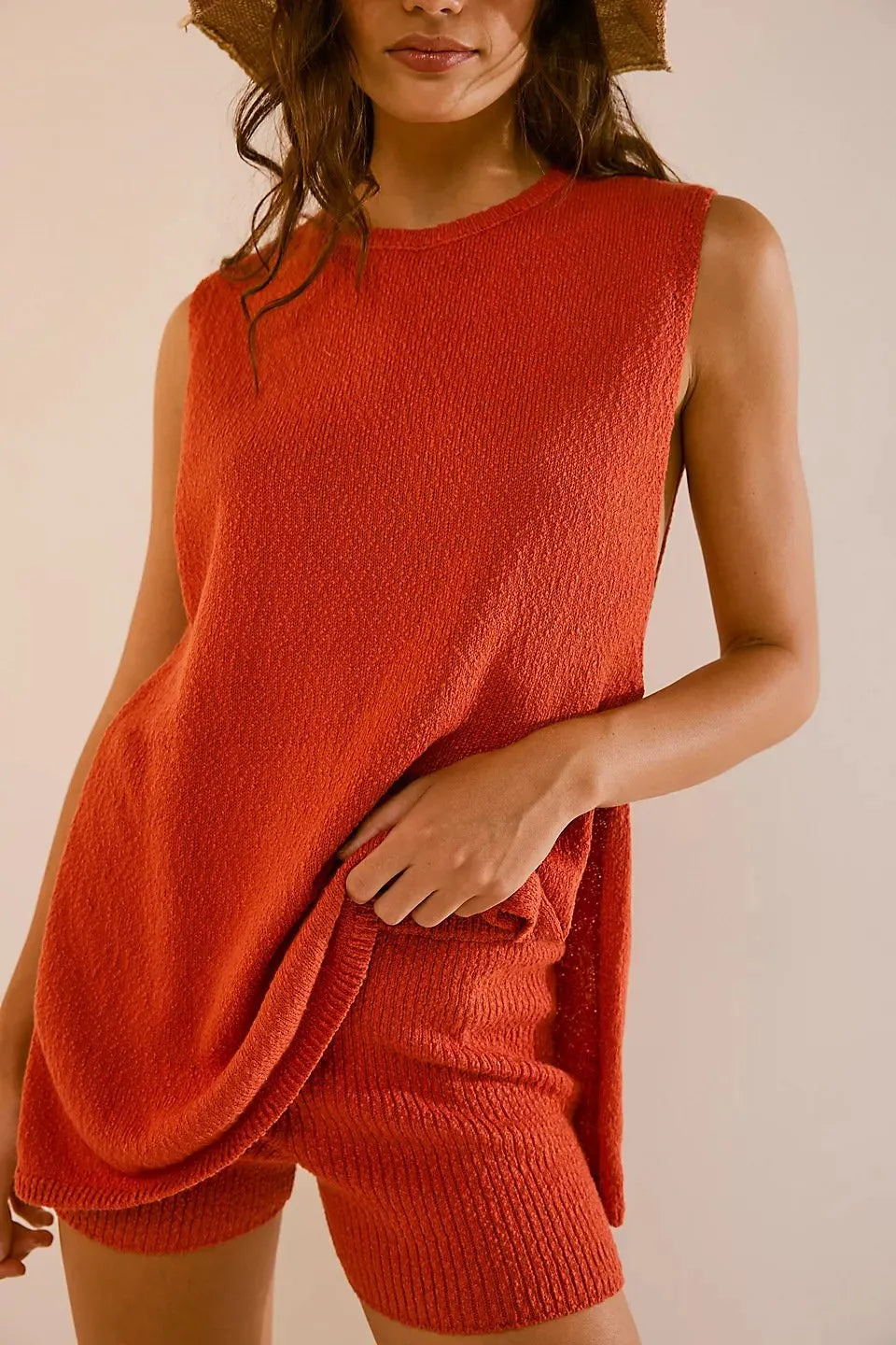 Women's Solid Color Knit Tank Top & Shorts Two-piece Set