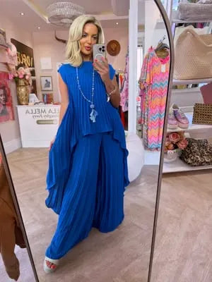 🔥Laney Pleated Short Sleeve Irregular Midi Top and Elastic Waist Wide Leg Pants Set✨
