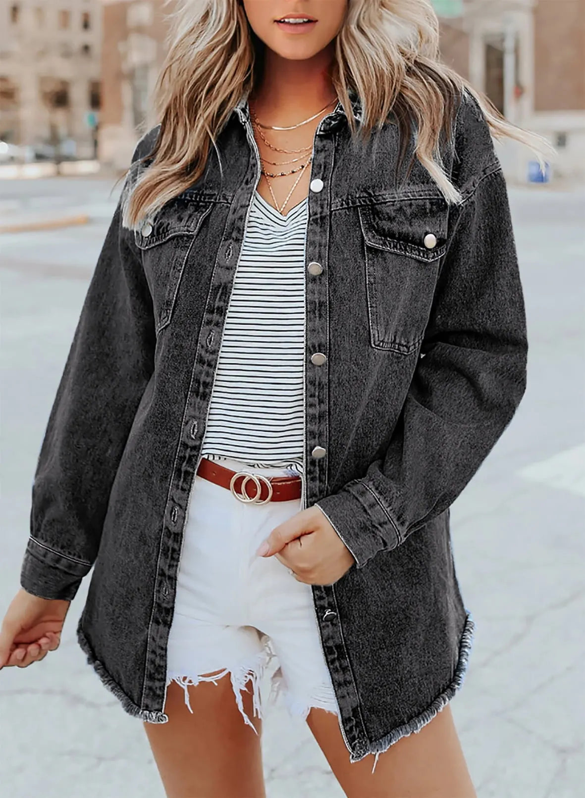 WOMEN'S CASUAL DENIM BUTTON DOWN DISTRESSED JACKET