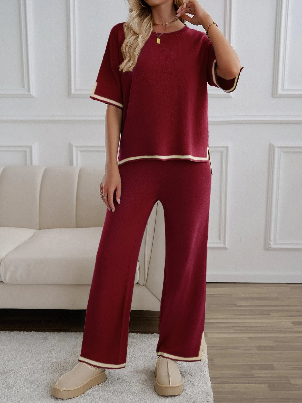 Chic Short Sleeve Knitted Pants Set