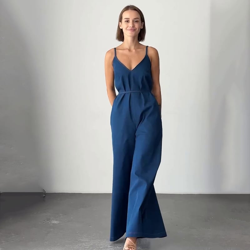 Women's V-neck Suspender Waist Denim Jumpsuit